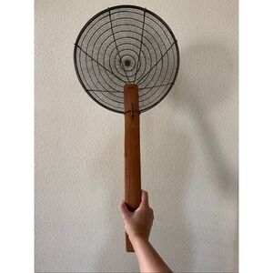 Vintage Chinese spider skimmer long wooden handle fry scoop bronze mesh